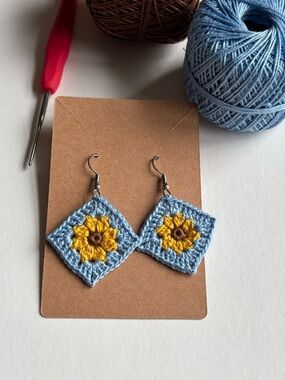 Handmade Blue and Yellow Crochet Sunflower Earrings